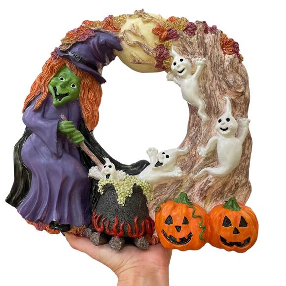 Vintage Halloween Wreath Witch Ghost Pumpkin Cauldron Door Decor Plaster Resin - Picture 1 of 10